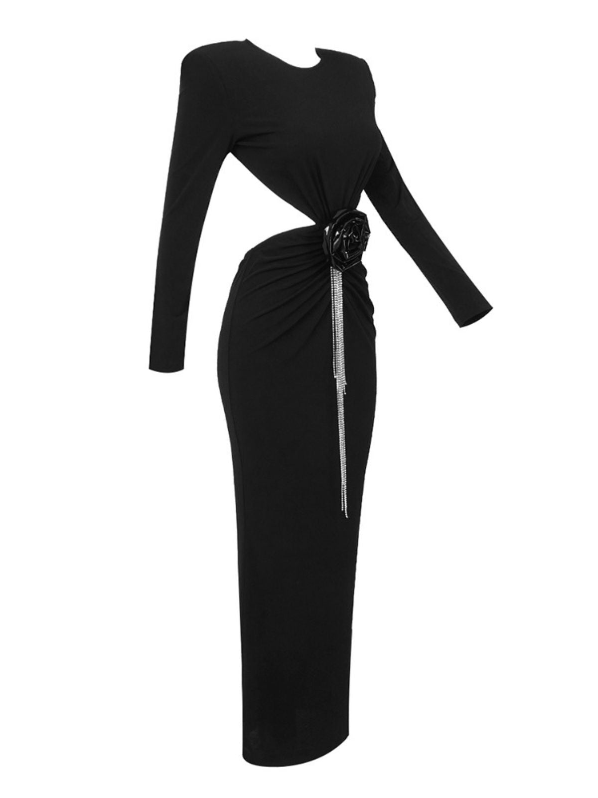 Padded Shoulder Waist Cutout 3D Floral Applique Rhinestone Fringe Midi Dress