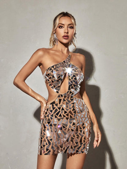 One Shoulder Mirror Shard Keyhole Waist Cutout Mini Dress