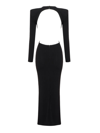 Padded Shoulder Waist Cutout 3D Floral Applique Rhinestone Fringe Midi Dress