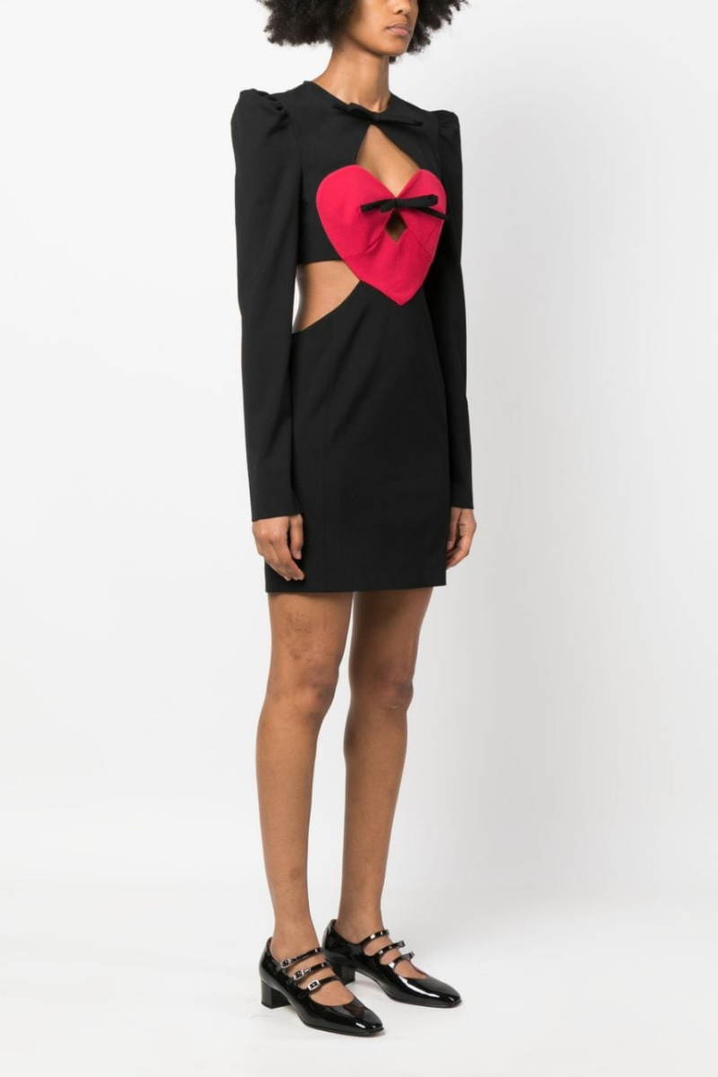Heart Applique Diamond Cutout Puff Shoulder Long Sleeve Mini Dress