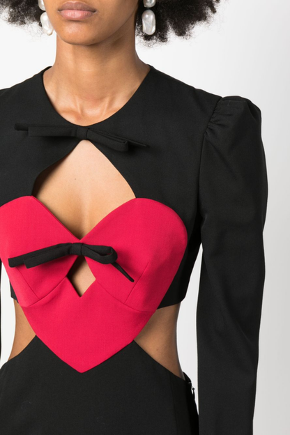 Heart Applique Diamond Cutout Puff Shoulder Long Sleeve Mini Dress