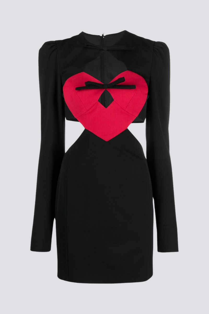 Heart Applique Diamond Cutout Puff Shoulder Long Sleeve Mini Dress