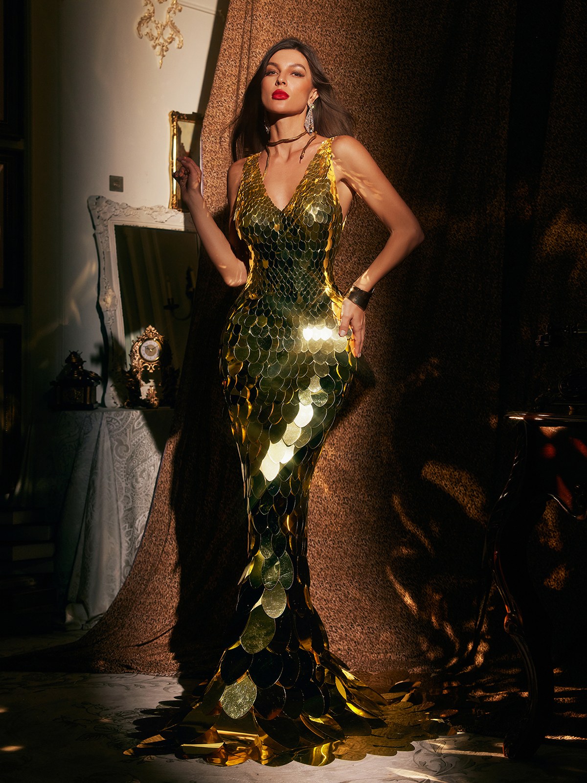 Plunging V Neck Scale Sequin Mermaid Maxi Dress