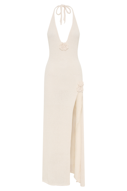 Halter Neck Floral Applique Knit High Slit Maxi Dress