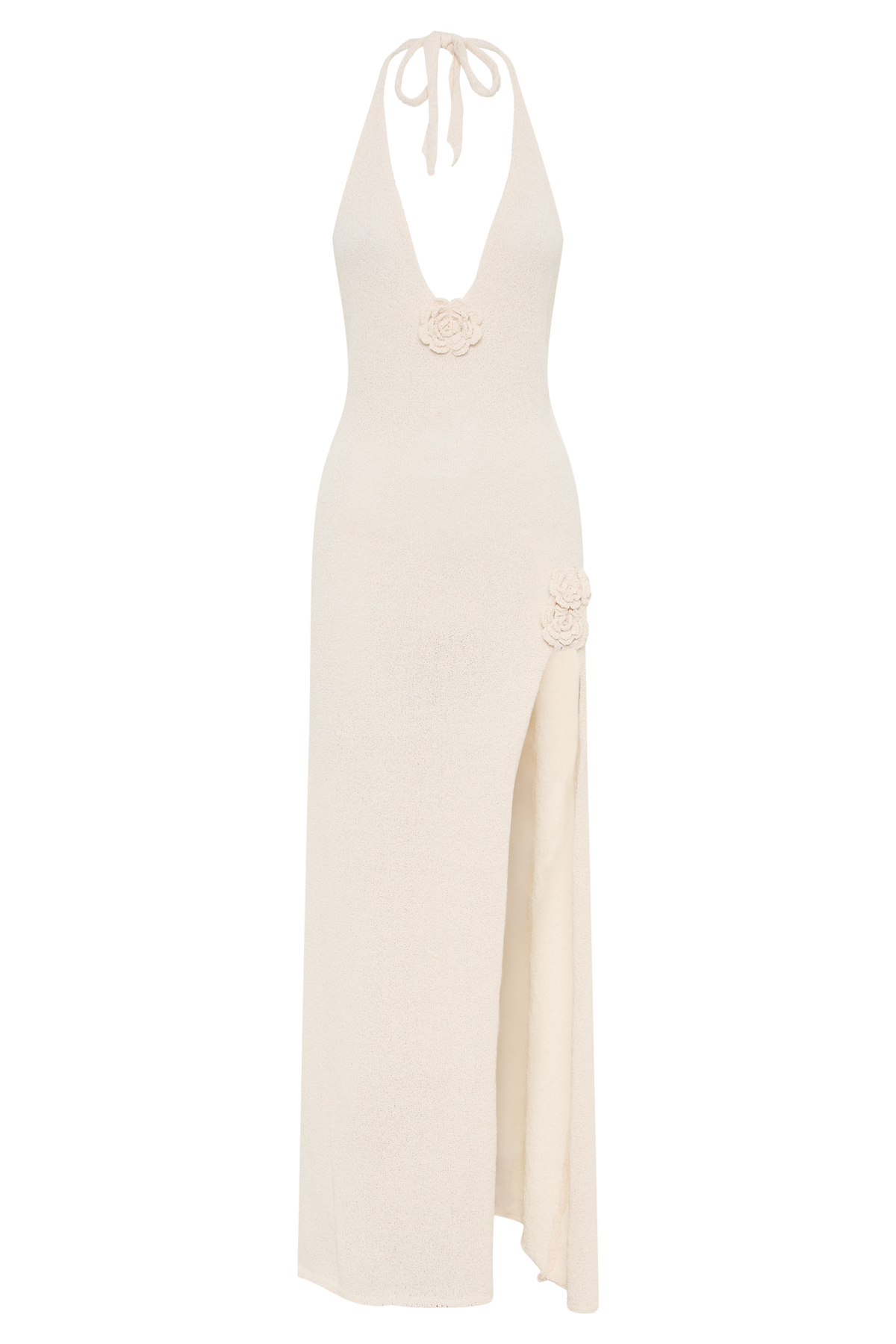 Halter Neck Floral Rosette Applique High Slit Crochet Knit Maxi Dress