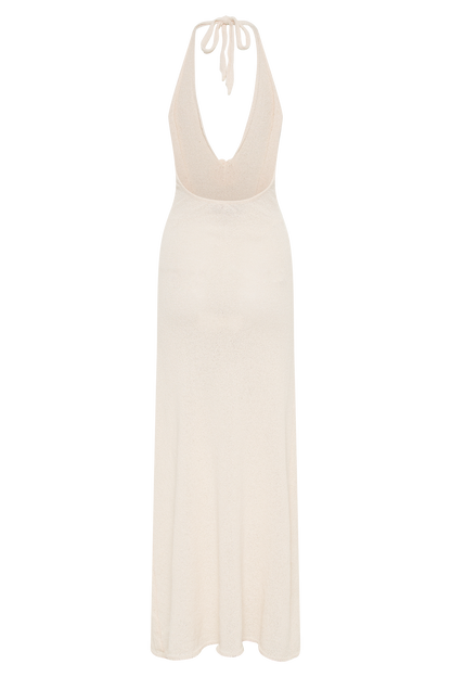 Halter Neck Floral Rosette Applique High Slit Crochet Knit Maxi Dress