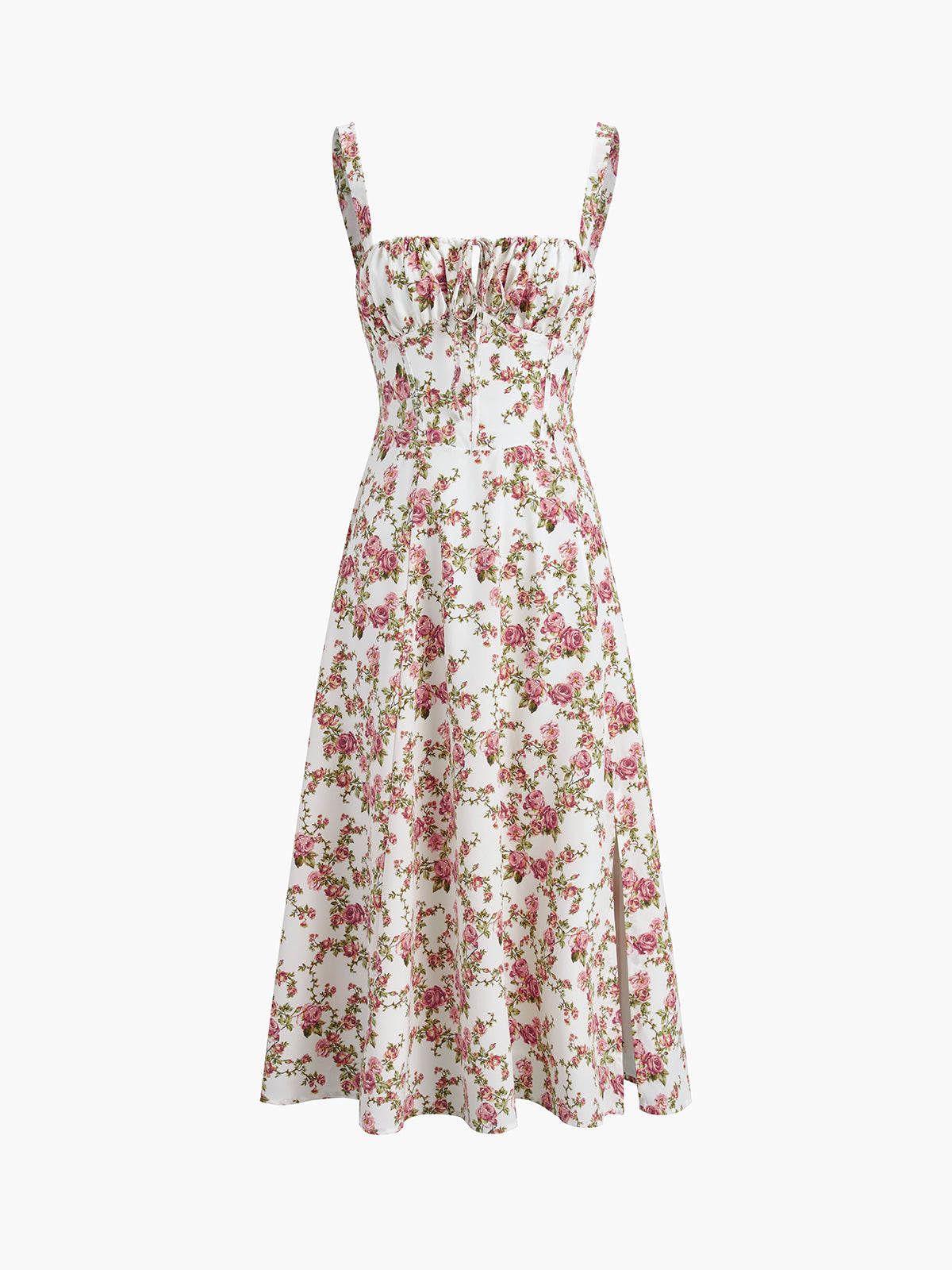 Square Neck Tie Front Corset Seam Floral Print High Slit Midi Dress