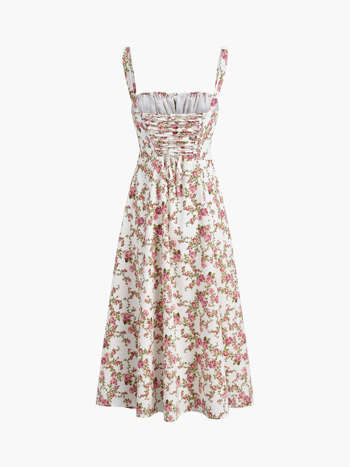 Square Neck Tie Front Corset Seam Floral Print High Slit Midi Dress