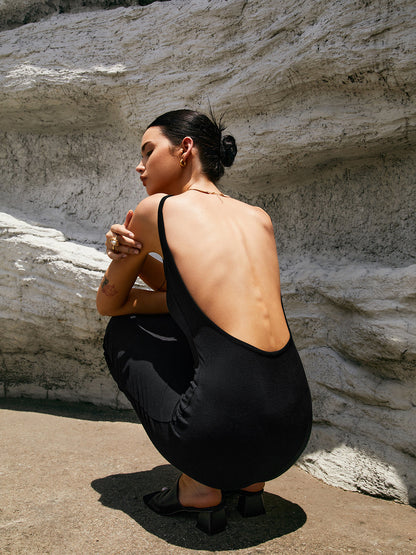 Spaghetti Strap Deep Scoop Back Rib Knit Bodycon Maxi Dress