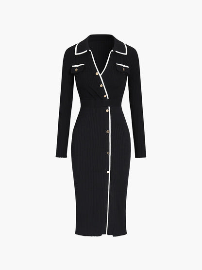 Ribbed Knit Contrast Trim Polo Collar Button Front Long Sleeve Midi Dress