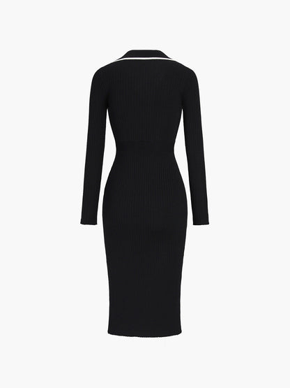Ribbed Knit Contrast Trim Polo Collar Button Front Long Sleeve Midi Dress