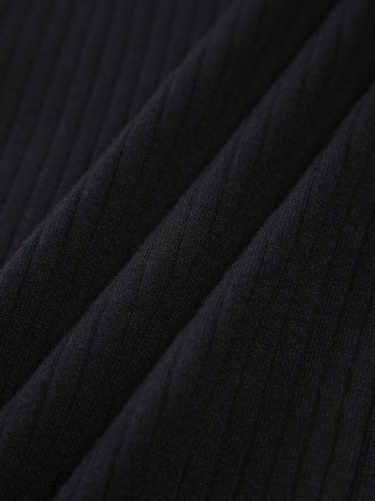 Ribbed Knit Contrast Trim Polo Collar Button Front Long Sleeve Midi Dress