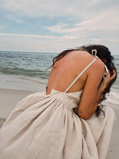 Linen Deep V-Neck Spaghetti Strap Backless Pleated Waist Maxi Dress