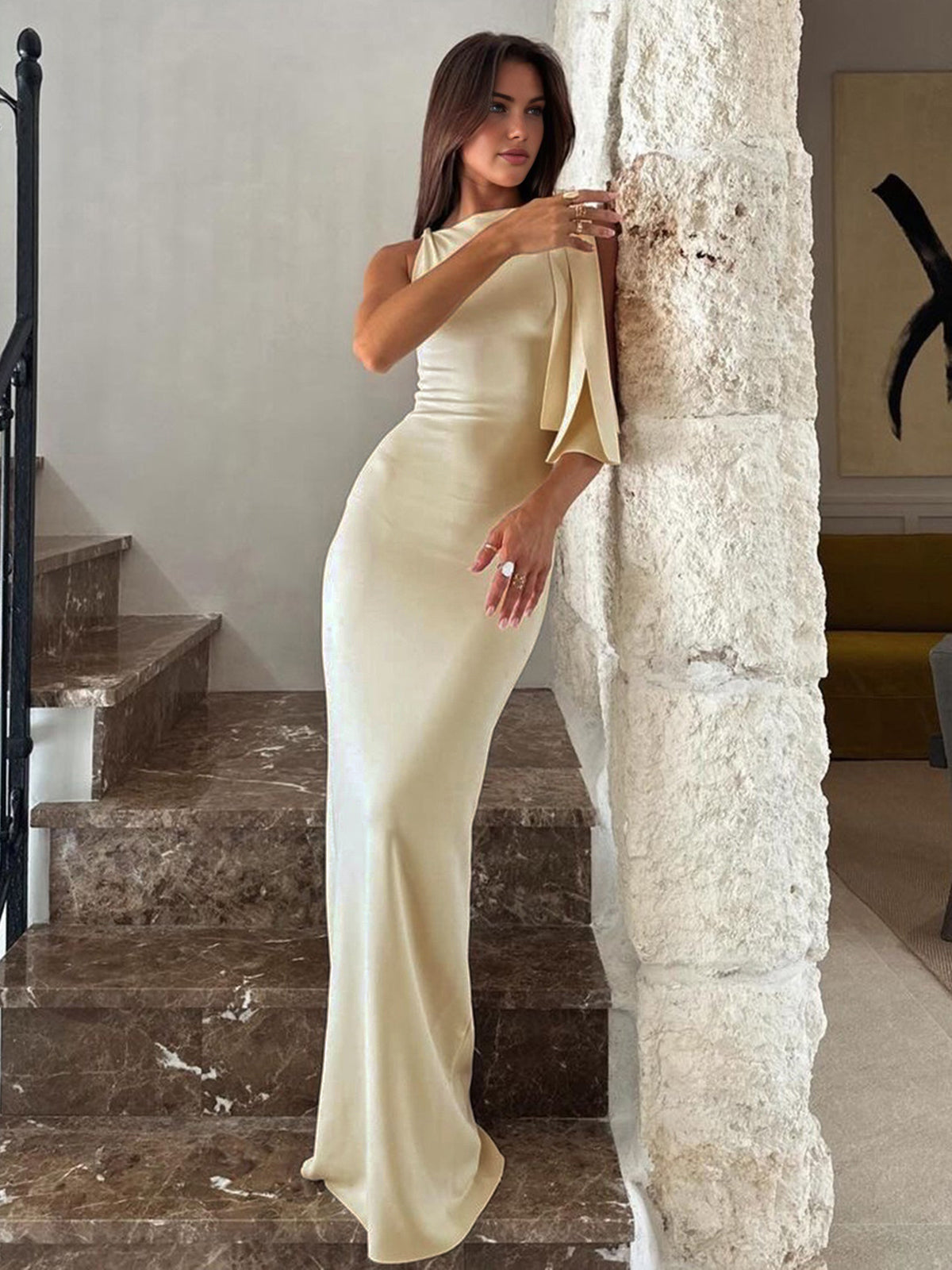 Sleeveless Gathered Neck Draped Shoulder Sash Column Maxi Gown