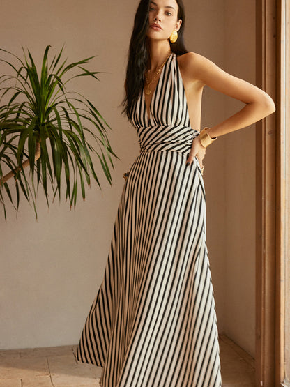 Stripe Halter Deep V Neck Cinched Waist Pocket Maxi Dress