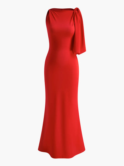 Sleeveless Draped Shoulder Scarf Detail Column Satin Maxi Gown