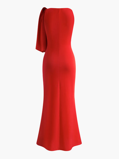 Sleeveless Draped Shoulder Scarf Detail Column Satin Maxi Gown