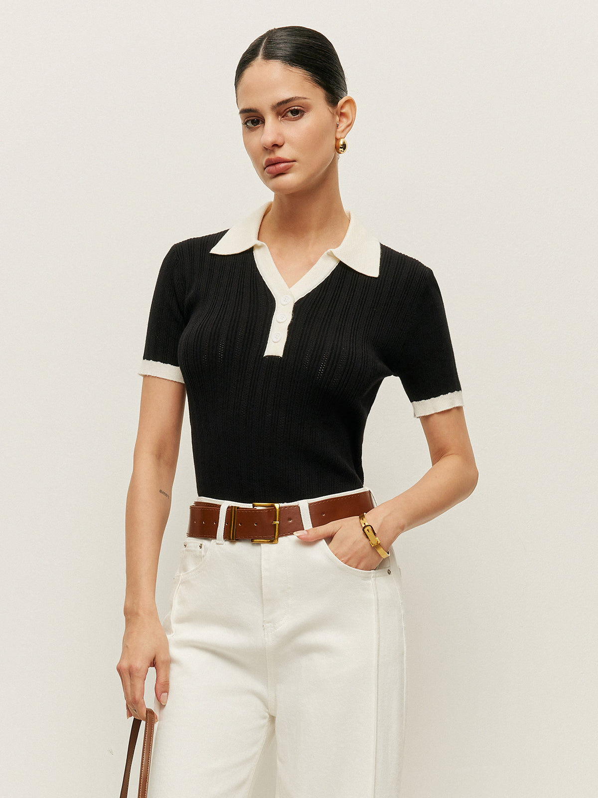 Collared Button Detail Ribbed Knit Top