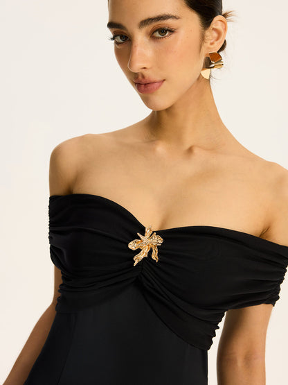 Black Semi-sheer Off Shoulder Ruched Mesh-paneled Maxi Dress