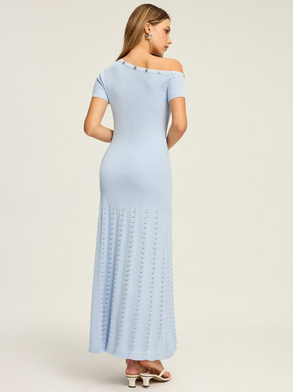 One-Shoulder Button Detail Rib Knit Pointelle Side Slit Maxi Dress