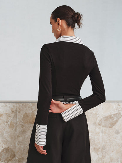 Mock Two-Piece Long-Sleeve Two Tone Polo Top
