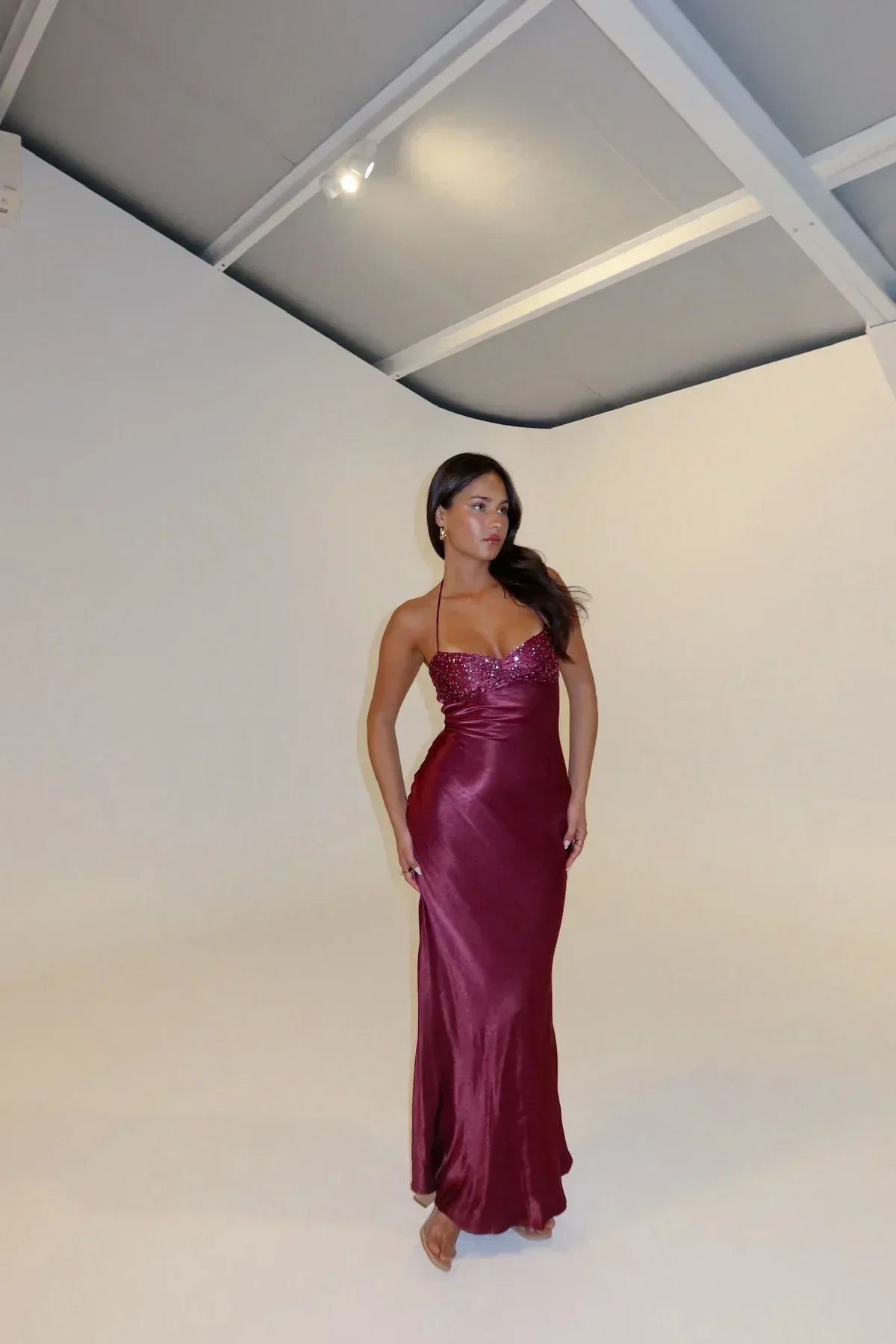 Halter Neck Shimmer Bodice Satin Column Maxi Dress