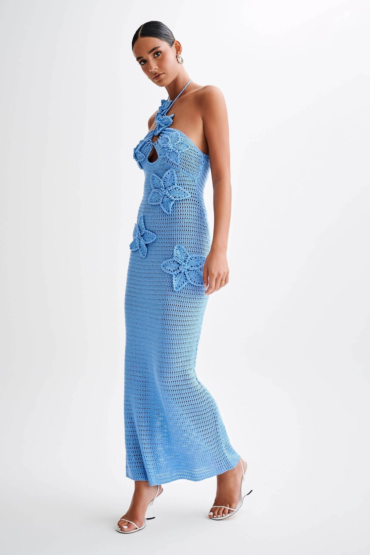 Halter Keyhole Crochet Floral Applique Bodycon Maxi Dress