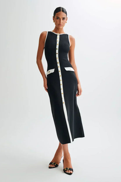 Rib Knit Crew Neck Sleeveless Metal Button Flap Pocket Maxi Dress