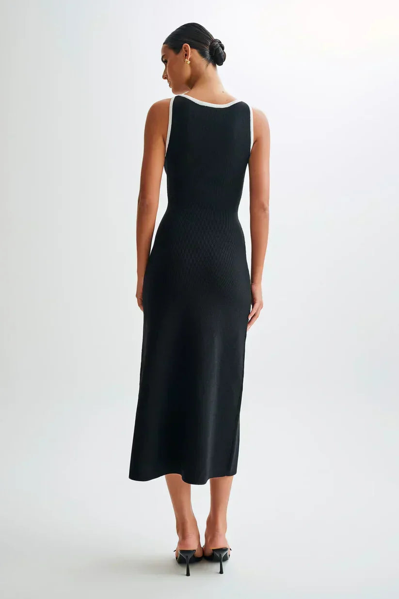 Rib Knit Crew Neck Sleeveless Metal Button Flap Pocket Maxi Dress