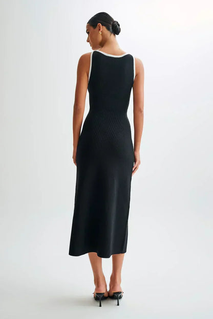 Rib Knit Crew Neck Sleeveless Metal Button Flap Pocket Maxi Dress