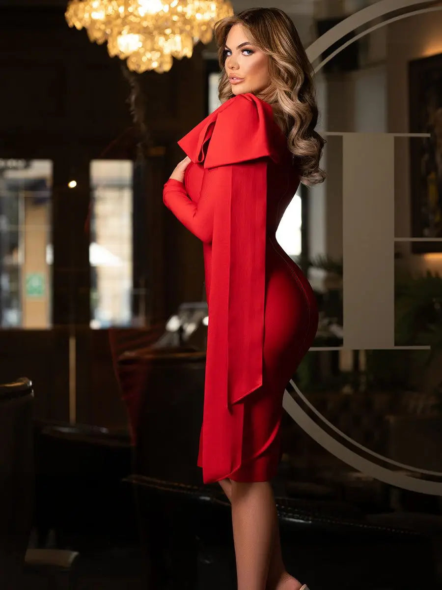 Red Asymmetrical Bandage Evening Dress with Ruffle Split - Bodycon Party Dress