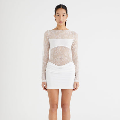 Crew Neck Long Sleeve Sheer Lace Bodice Solid Skirt Mini Dress