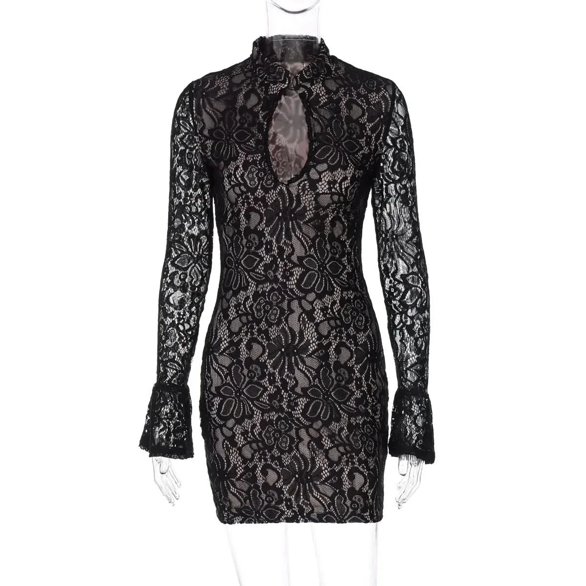 Mock Neck Keyhole Cutout Floral Lace Long Sleeve Bodycon Mini Dress