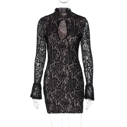 Mock Neck Keyhole Cutout Floral Lace Long Sleeve Bodycon Mini Dress
