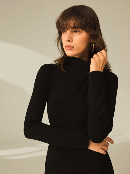 Turtleneck Long Sleeve Ribbed Knit Side Slit Mini Dress