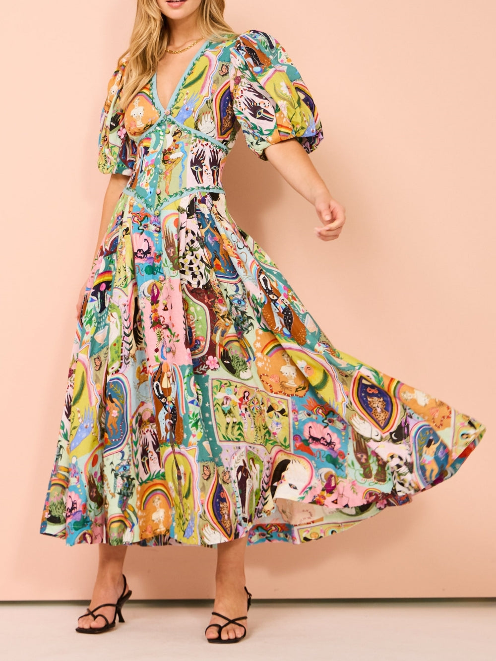 V-Neck Puff Sleeve Graphic Print Corset Button Waist Midi Dress