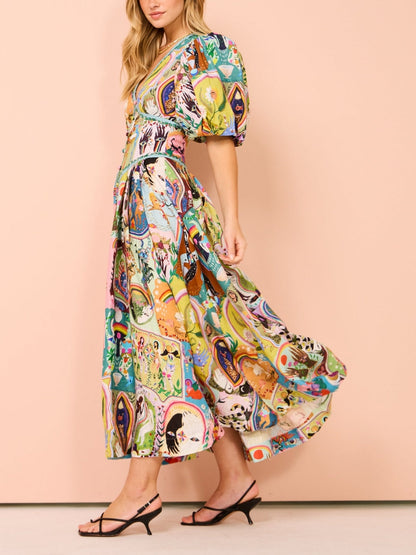 V-Neck Puff Sleeve Graphic Print Corset Button Waist Midi Dress