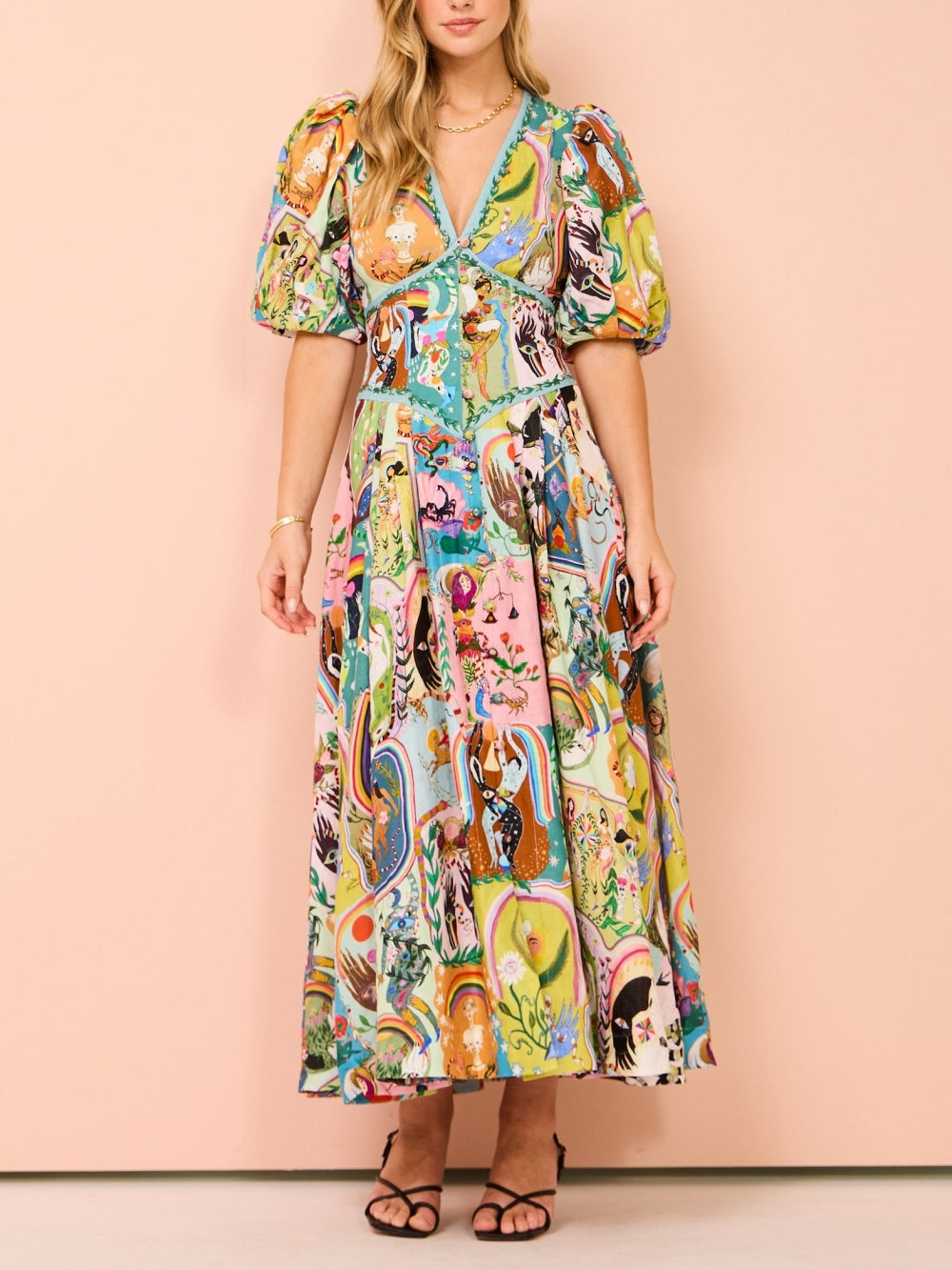 V-Neck Puff Sleeve Graphic Print Corset Button Waist Midi Dress