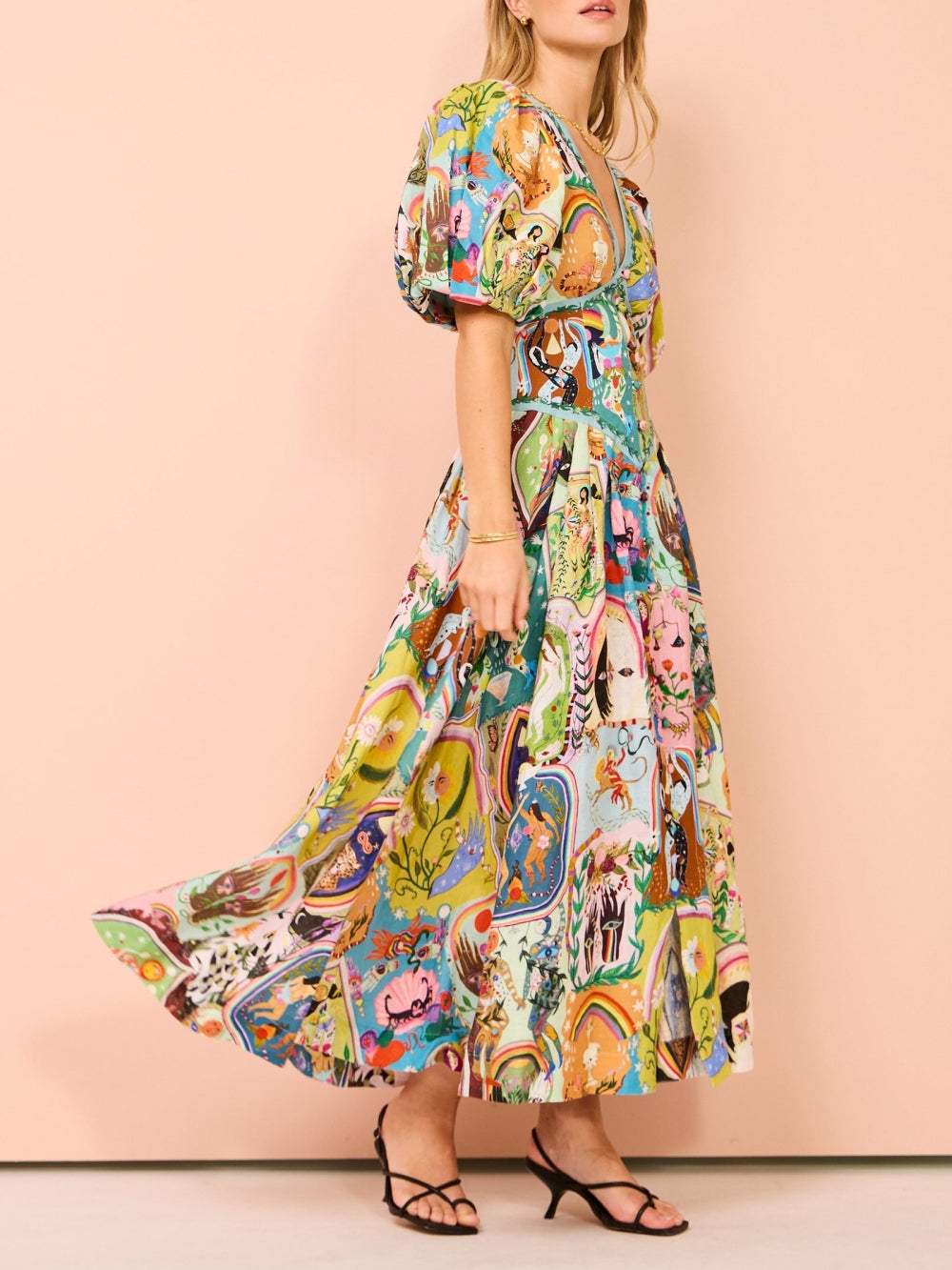 V-Neck Puff Sleeve Graphic Print Corset Button Waist Midi Dress
