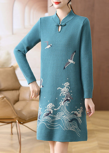 Mandarin Collar Frog Button Wave Seagull Knit Midi Dress