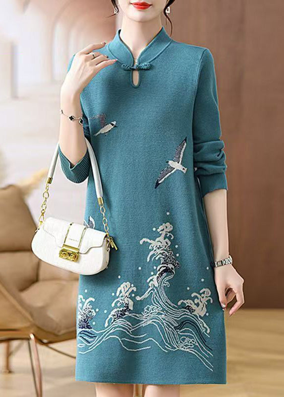 Mandarin Collar Frog Button Wave Seagull Knit Midi Dress