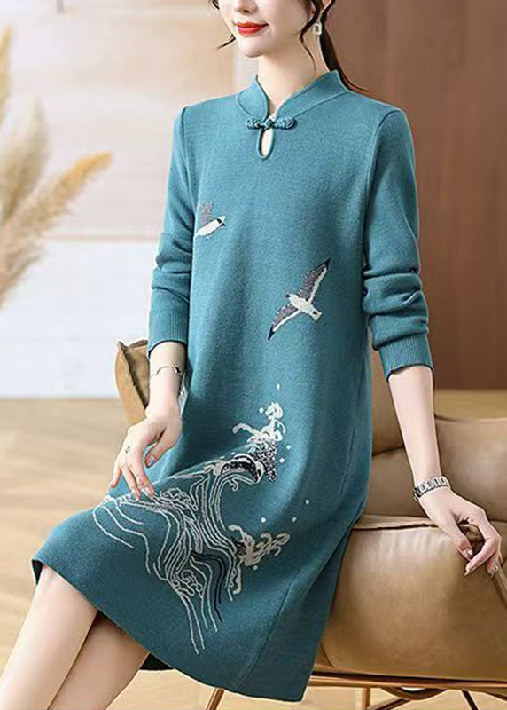 Mandarin Collar Frog Button Wave Seagull Knit Midi Dress