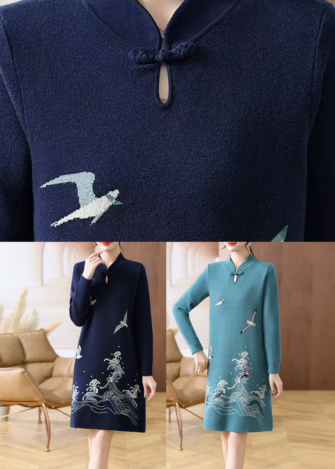 Mandarin Collar Frog Button Wave Seagull Knit Midi Dress