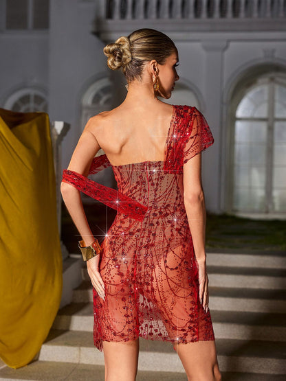 One Shoulder Sequin Mesh Embroidered Wrap Mini Dress