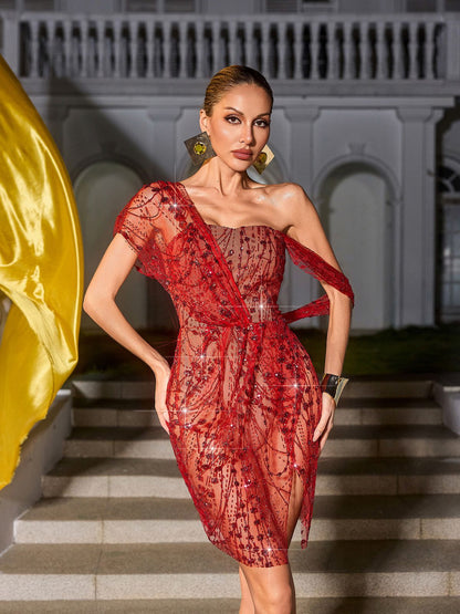One Shoulder Sequin Mesh Embroidered Wrap Mini Dress