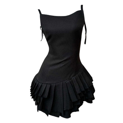 Spaghetti Strap Tiered Pleated Architectural Mini Dress