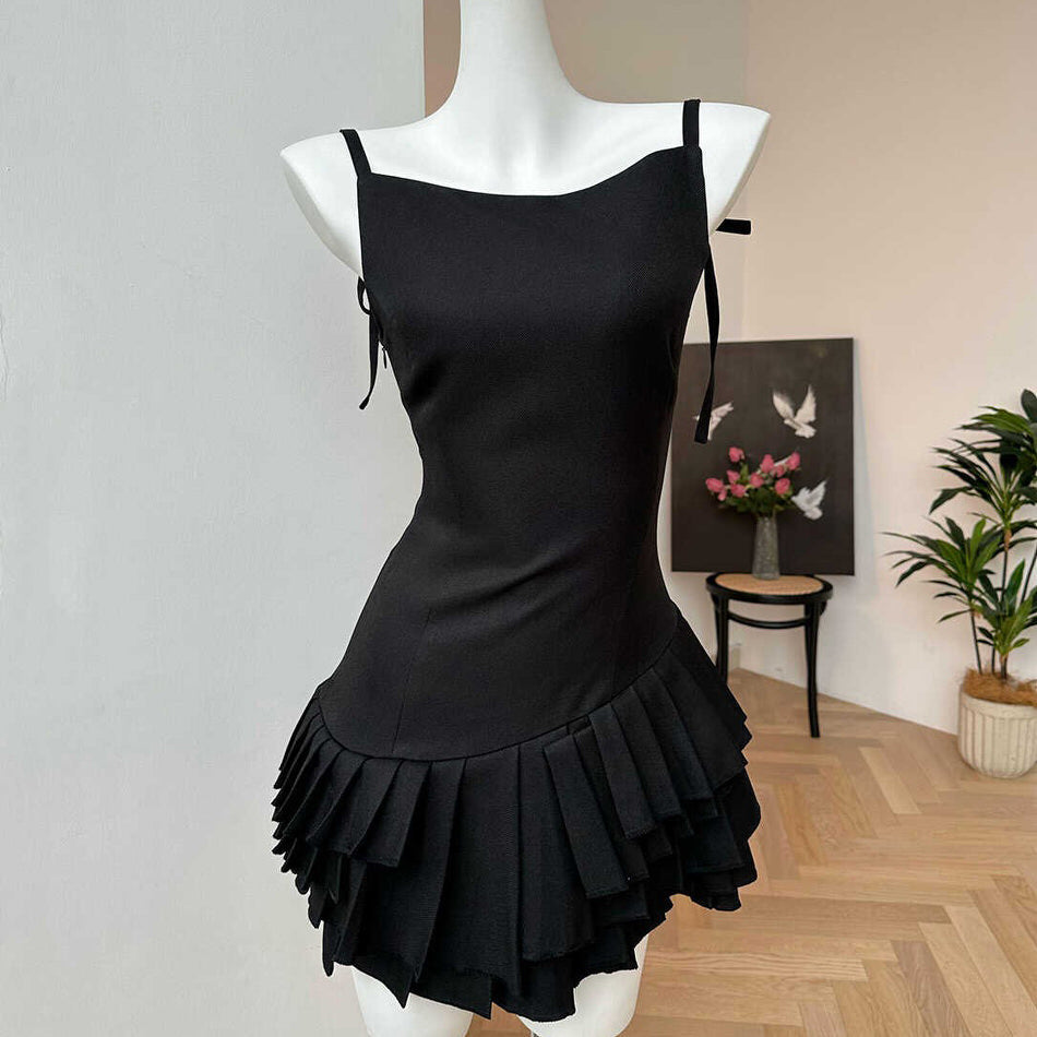 Spaghetti Strap Tiered Pleated Architectural Mini Dress