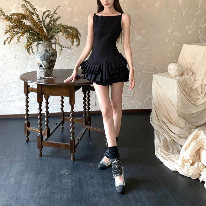 Spaghetti Strap Tiered Pleated Architectural Mini Dress