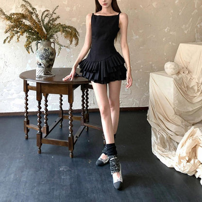 Spaghetti Strap Tiered Pleated Architectural Mini Dress
