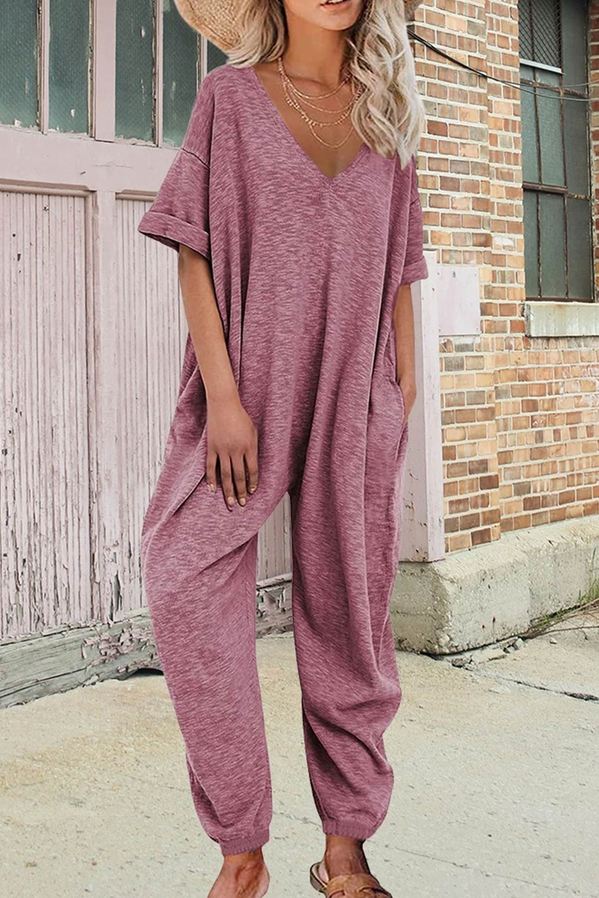 Cotton Solid V Neck Loose Jumpsuits